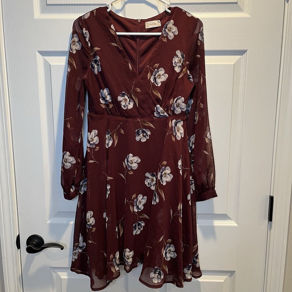 Altar'd State Women's Burgundy/Red Floral Dress Small Long Sheer Sleeves